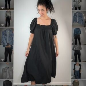 Kirundo Black Smocked Maxi Dress – Puff Sleeves, Size XL